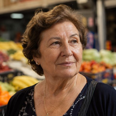 Mujer mayor en el mercado, con los puestos de fruta detrás